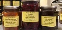 Image may contain: food, text that says "கம Hedge Το Toast Pickled Red Cabbage Made in the Dales Tel; 07974568009 Facebook: Hedge to Toast Hedge Το Toast Rosehip Chutney with Brain Strain Chilli Made in the Dales Contains eggs acebook: Hedge to Toast Hedge To Toast Farmhouse Sweet Pickle Made in the Dales Tel; 07974568009 Facebook: Hedge to Taxe"