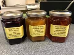 Image may contain: food, text that says "Hedge Το Toast Black Forest Jam Made in the Dales Tel: 07974568009 to Toat Tacebook: Hedge Hedge Το Toast Mango & Apple Chutney Made Dales Tel: 07974568009 Tacebook: Hedge to Του Hedge To Toast Finest Whisky Marmalade Made in the Dales Tel: Facebook: 07974568009 Hedge to Tos"